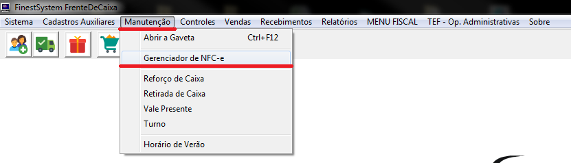 Menu > Manutenção > Gerenciador de NFC-e 